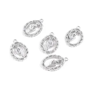 Detailed view of silver-tone vintage tulip oval alloy pendants for DIY jewelry
