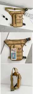 Detailed views of a khaki tactical drop leg bag for outdoor cycling and mountaineering
