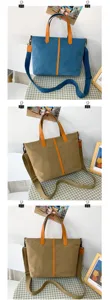 Vues détaillées de grands sacs cabas en toile de couleur bleue et marron kaki.