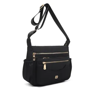 Close-up detail of a black large capacity multi-pocket crossbody bag for women.