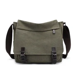 Large capacity men's canvas messenger bag in olive green with stylish leather accents.