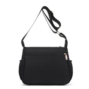 Black multi-compartment crossbody bag for women with functional back zipper pocket
