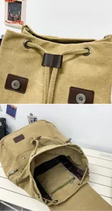 Detailed view of the heavy canvas backpack with drawstring closure and inner pocket