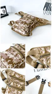 Collage showing detailed views of tactical camouflage leg bag zippers and buckles