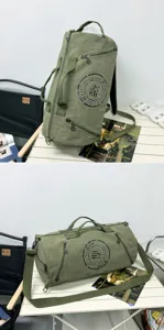 Versatile army green canvas duffel bag shown in both upright and horizontal positions