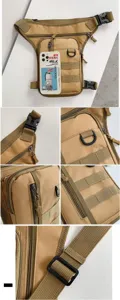 Detailed close-up view of khaki tactical leg bag showing zippers and buckles