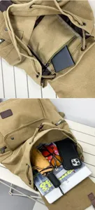 Detail view of khaki canvas drawstring backpack showing internal pocket and storage