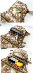 Detail view of the multi-compartment tactical leg bag showing its storage capacity