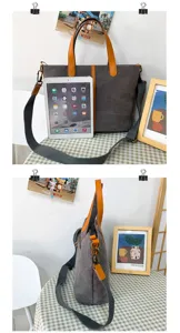 Vues avant et latérale du grand sac cabas en toile grise avec iPad pour référence de taille