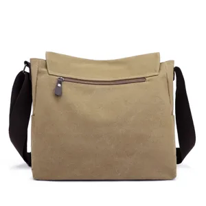 High-quality front view of men's khaki canvas messenger bag showing zipper flap detail