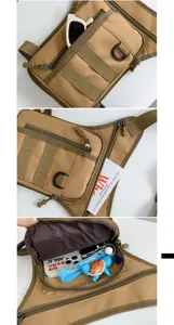 Detailed view of a khaki tactical leg bag showing multi-pocket storage capacity.