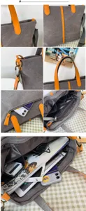 Détails rapprochés et grande capacité intérieure d'un sac cabas en toile grise