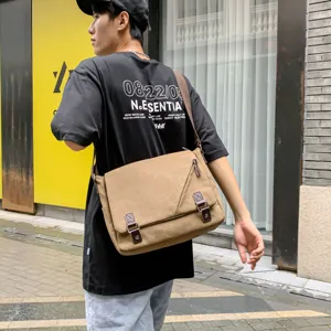 Men's Large Capacity Canvas Messenger Bag Preppy Style Casual Shoulder Bag Retro Workwear Crossbody Bag For Daily Commuting