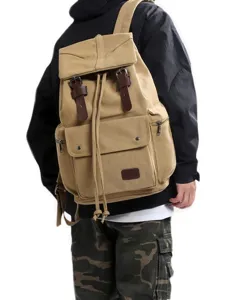 Vintage Canvas Drawstring Backpack For Men Women Large Capacity Retro Flap School Bag Casual Streetwear Travel Rucksack Outdoor Daypack