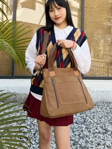 Vintage Casual Canvas Tote Bag For Women Large Capacity Multi-layer Commuting Handbag Shoulder Crossbody Bag Retro Canvas Handbag