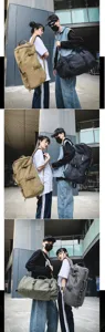 Outdoor lifestyle view of large canvas duffel backpacks in khaki, black, and green colors