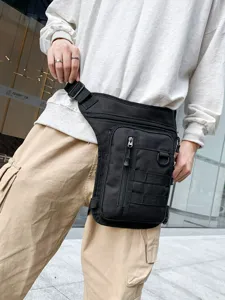 Multifunctional black tactical thigh bag for outdoor cycling and hiking worn by model