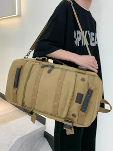 Large capacity khaki canvas travel bag with multi-functional straps for outdoor use