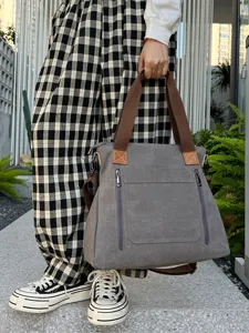 Retro casual grey canvas handbag for women, large capacity multi-compartment tote bag