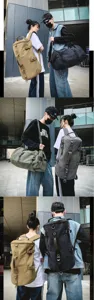 Large capacity canvas travel backpack and duffel bag shown in multiple colors outdoors