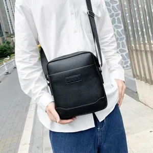 Classic black men's PU leather messenger bag, business casual crossbody shoulder bag