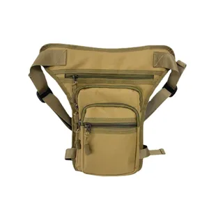 Tactical outdoor leg bag for motorcycle riding with multiple zip pockets in khaki
