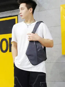 Anti-theft charcoal grey men's digital sling chest bag for urban streetwear fashion