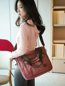 Large capacity casual red canvas tote bag for women with multi-compartment design