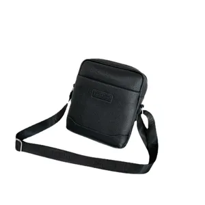 Casual black PU leather crossbody bag for men with adjustable woven shoulder strap