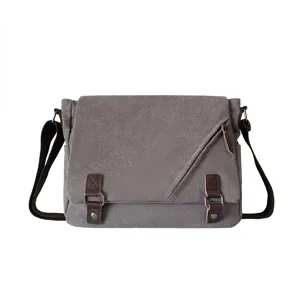 Large grey canvas messenger bag for men with flap cover and diagonal zipper pocket