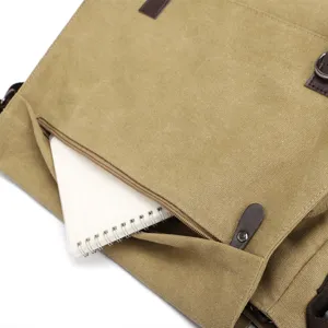 Detail view of the front zipper pocket on a khaki canvas messenger bag with a white notebook