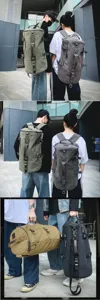 Detailed view of models with large canvas travel backpacks in diverse colors outdoor