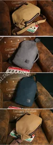 Detailed view of casual canvas chest bags for men in various colors on a vintage chair