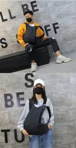 Detailed view of the black basketball-shaped backpack on male and female models.