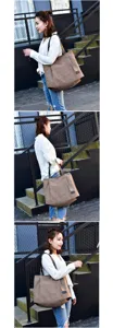 Casual large capacity canvas tote bag for women shown in lifestyle outdoor setting