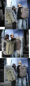 Large capacity canvas travel backpack shown in a trendy urban street style setting.