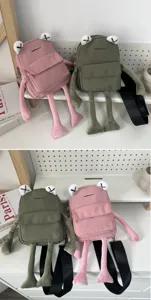 Detailed view of creative pink and green frog plush crossbody bags with unique X-eyes