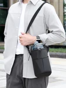 Men's PU Leather Fitness Water Bottle Bag Large Capacity Waterproof Crossbody Sling Bag Outdoor Travel Sports Multi-Pocket