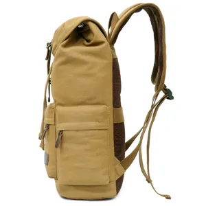 Professional side profile of a vintage khaki canvas backpack for men with breathable straps