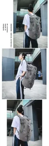Large grey canvas travel backpack shown from multiple angles worn by a model outdoors