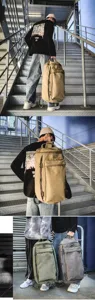 Large capacity cylindrical canvas travel backpack shown in outdoor staircase setting
