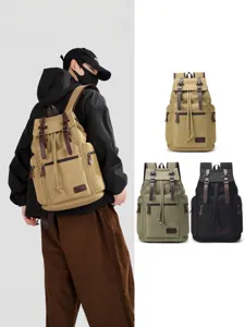 Large Capacity Canvas Backpack For Men Women Vintage Travel Laptop Bag Casual School Backpack With PU Leather Accents