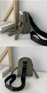Side and back view of a cute green cartoon frog crossbody bag with plush details