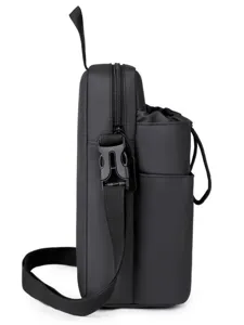 Side view of black fitness water bottle crossbody bag with adjustable strap and buckle