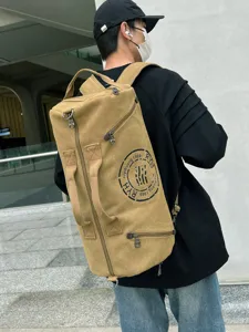 Khaki canvas cylinder duffel backpack for casual travel and gym fitness training