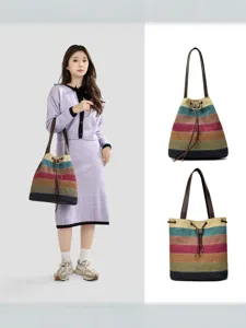 Sac Cabas en Toile de Grande Capacité pour Femmes Sac à Épaule Rayé Bloc de Couleur Avec Boucle Magnétique Sac à Main Simple à Cordon