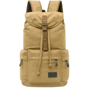 Vintage khaki canvas backpack for men with large capacity and durable drawstring closure.