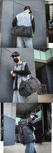 Large black canvas travel backpack for men shown in urban outdoor lifestyle shots