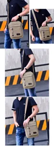 Detailed lifestyle view of a men's multi-compartment canvas messenger bag in khaki