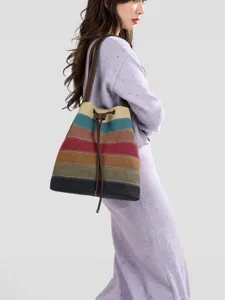 Sac cabas en toile à rayures multicolores pour femme avec sangle marron chic